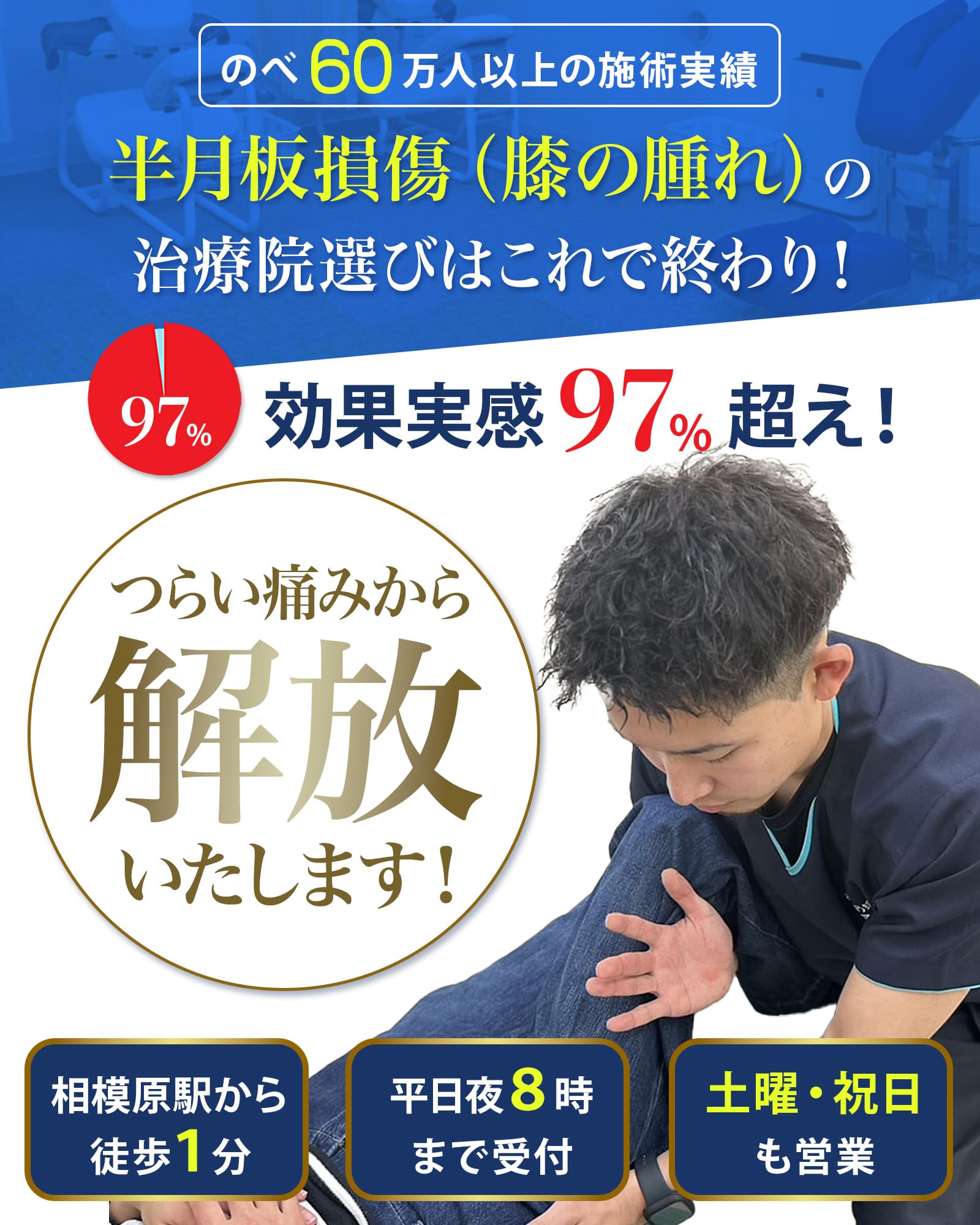 半月板損傷（膝の腫れ）のツライ痛みから解放いたします！